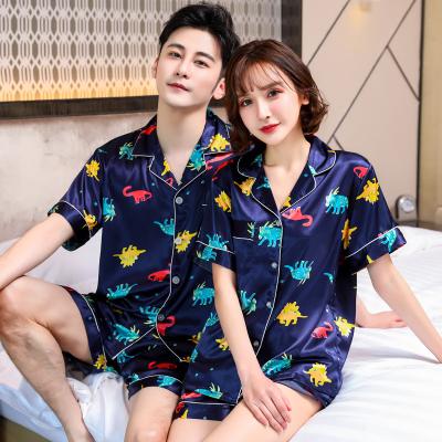 China Fashion QUICK DRY Family Couples Men's Short Sleeve Women's Pajamas Silk Dinosaur Shorts Soft Pajama Set for sale