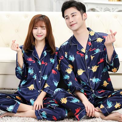 China Customization QUICK DRY Wholesale Nightgowns Dinosaurs Silk Satin Couples Pajamas Set For Men And Women for sale