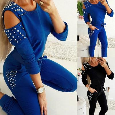 China Warm Breathable Fall Off The Shoulder Sports Solid Color Pearl Shoulder Stud Two Piece Set Sexy Round Neck Long Sleeve Leisure for sale