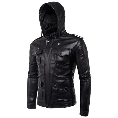 China Black Classic Hooded Men's Motorcycle Jacket Waterproof High Quality Men's Leather Jacket for sale