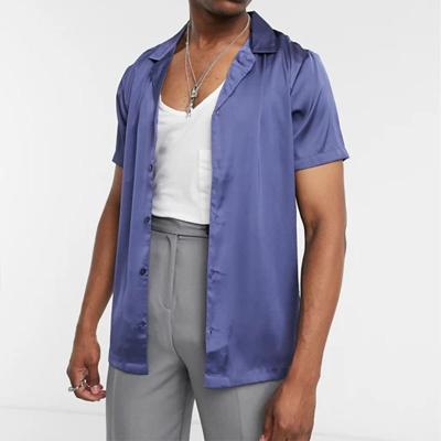 China Fashion Men Anti-pilling OEM Design Blue Simple Short Sleeve Satin Slim Fit Shirt for sale