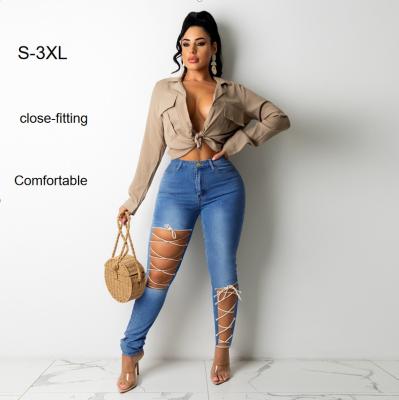 China High Waisted Breathable Casual Black Ripped Skinny Blue Bandage Denim Ladies Plus Size Womens Female Jeans for sale