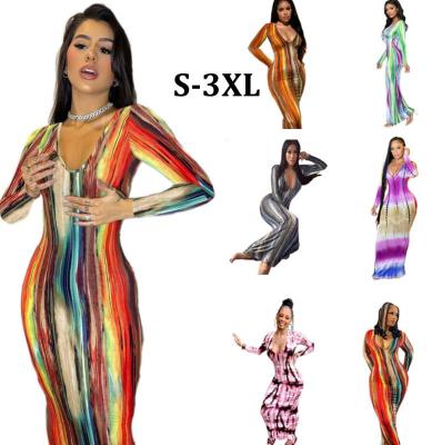 China 2022 Anti-wrinkle New Arrivals Spring V Neck Maxi Women Long Sleeve Tie Dye Bodycon Colorful Print Dress for sale