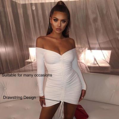 China New Breathable Strapless Women's Mini White Long Sleeve Bodycon V-Neck Drawstring Spring Pleated Casual Dress for sale