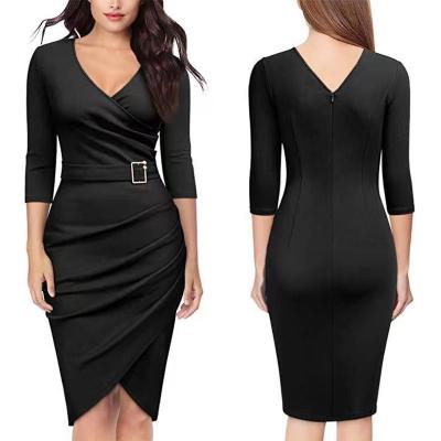 China Breathable Fashion Ladies Office Wear V Neck Buckle Belt Soild Office Dinner Dress Pencil Career Dresses for sale