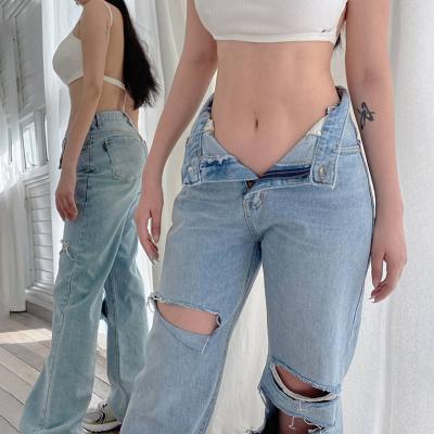 China Pocket Zipper Hole High Waist Breathable Blue For Female Lady Girls Ladies Fall Off Pant Leg Womens Jeans for sale