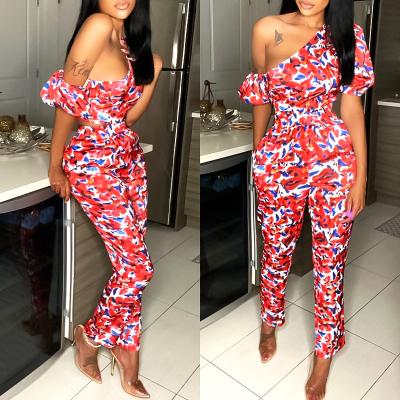 China Wholesale Breathable Stylish Women Off The Shoulder Slash Neck Puff Shorts Sheath Printed Panty Two Piece Set for sale