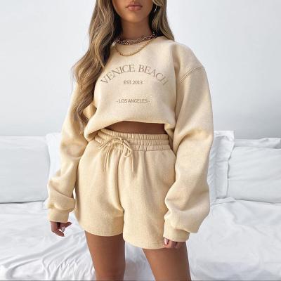 China Anti-pilling Autumn New Letter Embroidery Long Sleeve Thickened Casual Solid Autumn Two Piece Shorts Set Clothing for sale