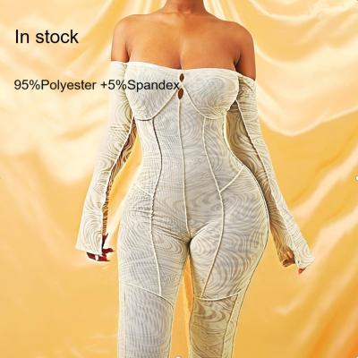 China Long Sleeve Hollow Out Stripe Mesh Workable Straight Tight Piece High Waisted Rompers One Piece Jumpsuit Women for sale