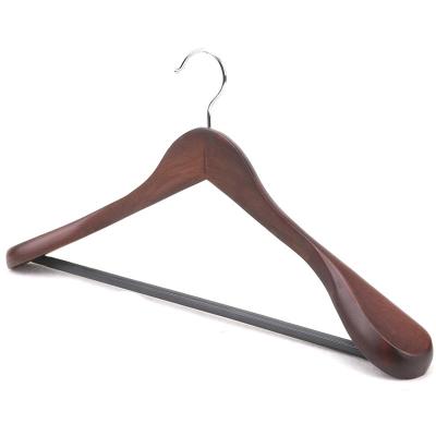 China Wardrobe Walnut Color Lotus Wood Coat Hanger With Chrome Hook for sale