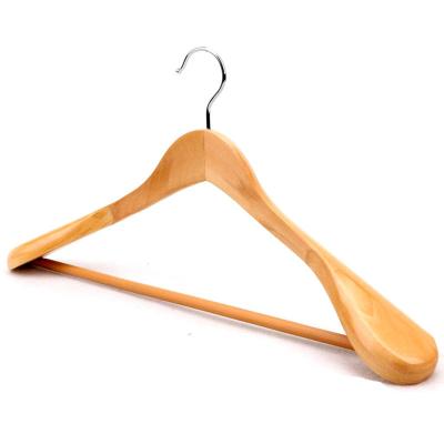 China 2023 Professional Wooden Wardrobe Hanger Manufacturer Custom Clothing Wide Shoulder Hanger With Chrome Hook for sale