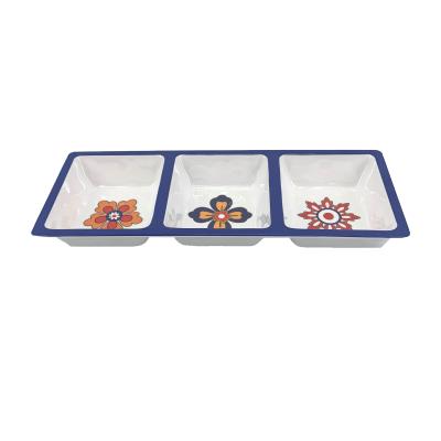 China Sustainable Floral Melamine Divided Serving Dishes Square Condiment Sets Or 3 Section Taste Tray for sale