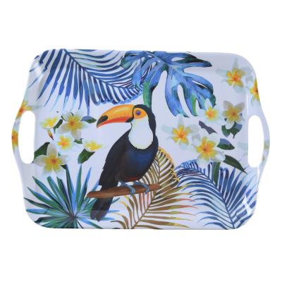 China Viable Cheap Price Good Quality Botanical Printing Bird Melamine Rectangle Tray With Handles Small Tray for sale