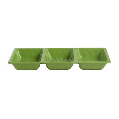 China New Solid Color Green Dish Trays 3 Compartment Divided Melamine Divider Serving Tray for sale