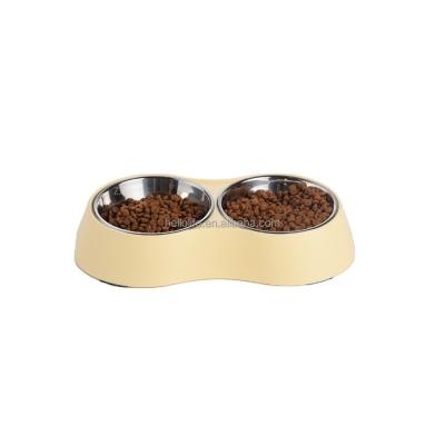 China Small Viable High Quality Yellow Melamine Stainless Steel Dog Cat Bowls Pet Food Water Feeder Double Bowls for sale