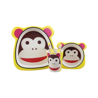 China Eco-frienly Monkey Design Melamine Fiber 5 Piece Tableware Kids Bamboo Tableware Set Baby Feeding Dishes for sale