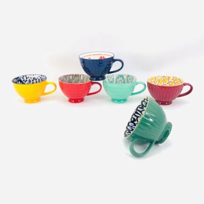 China Viable Wholesale Custom Colorful Textured Ceramic Footed Ceramic Stoneware Tea Cup Gift Coffee Mugs Set of 6 for sale