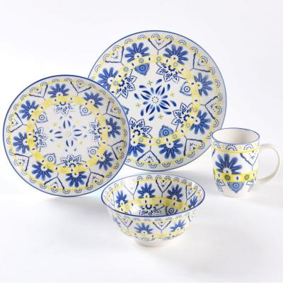 China Blue And White Ceramic Dinnerware Set Stoneware Dinnerware Bowls Dishes 16-Piece Sustainable Classic Set for sale