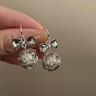 China TRENDY Exquisite French Elegant Bowknot Pearl Ball Earrings 925 Silver Needle for sale