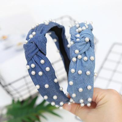 China New fashionable European and American denim pearl headband fashion hair accessories for sale