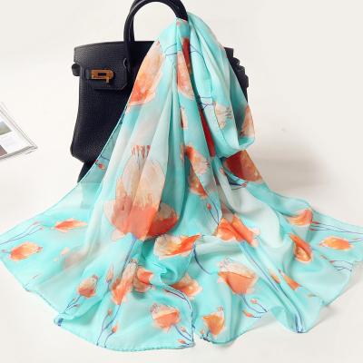 China Spring and Autumn Decoration Chiffon Small Scarf Ladies Printed Tulip Scarf Sunscreen Scarf Hand Painted Wild for sale