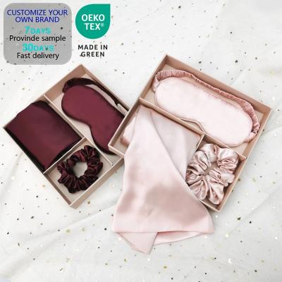 China Private Label Anti-Static Mulberry Silk High Quality 100% Custom Gift Set 3 Pieces Pillowcase For Bed Scrunchies And Eye Mask Set for sale