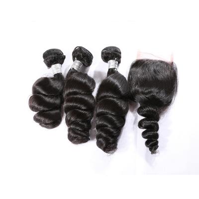 China Wholesale Loose Wave Real Brazilian Loose Wave 100% Virgin Hair 3 Bundles Bundles With Lace Frontal Closure for sale