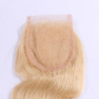 China Silky Straight Wave Ready to Ship 613 Brazilian Blonde Human Hair 4x4 Lace Closure Sheer Body Wave Top Closure With Baby Hair for sale