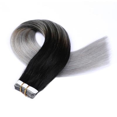 China Silky Straight Wave O Fly Human Hair Tape In Hair Extensions 1B/Silver Ombre Double Ponytail Cuticle Pulled Wholesale Remy Skin Weft Hair Extensions for sale