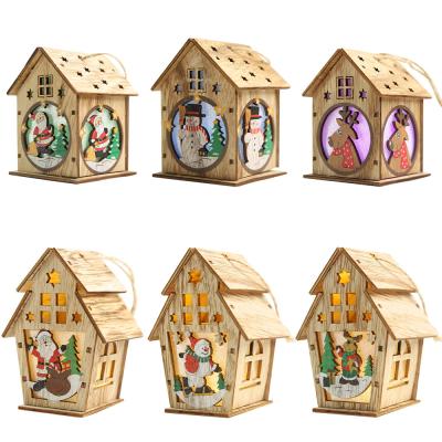 China New Chirstmas Design Diy Christmas Decoration Led Light Creative Cartoon Christmas Wooden Cabin For Home Hanging Ornaments Gift for sale