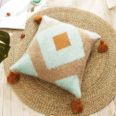 China Anti-Static Soft Fluffy Knitted Feather Pillow Covers Fringes Throw Diamond Pattern Polyester Pillow Covers for sale