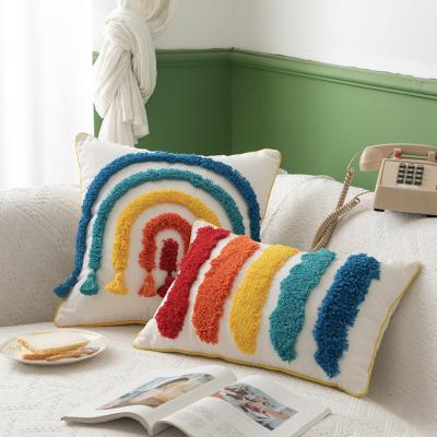 China Anti-Static Moroccan Style Rainbow Pattern Tufted Pillow Covers With Fringes Striped Throw Boho Decor Cushion Cover for sale