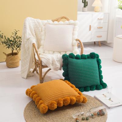 China Anti-Static Modern Knitted Pillow Covers With Pompoms Fringe Striped Square Tassel Decorative Tile Case for sale