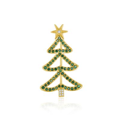 China Wholesale Christmas Gift Brass Copper 18K Gold Plated Green Zircon Christmas Tree Brooch for sale