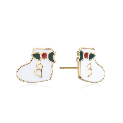 China Custom Christmas Gift Brass Copper 18K Gold Plated Enamel Christmas Stocking Stud Earrings for sale