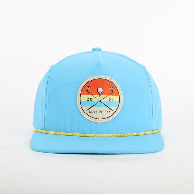 China Custom Made High Quality Unstructured Woven Patch JOINT Logo Rope Hat, BSCI OEM Quick Dry Nylon 5 Panel Flat Snapback Cap for sale