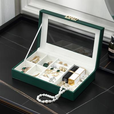 China Custom Leather Transparent Display Necklace PU Jewelry Box Logo Luxury Green Jewelry Package Organizer Rings Earring Jewelry Storage Gift Case for sale