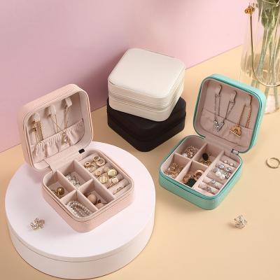 China 2022 Logo Pu Leather Portable Jewelry Wholesale Custom Box Travel Jewelry Small Organizer Necklace Ring Earring Storage Case for sale