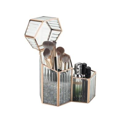 China High Quality Clear Glass Stand Shockproof Dustproof Makeup Tools Organizer Holder Partition Storage Combination Holder with Free Beads Dustproof Cover for sale