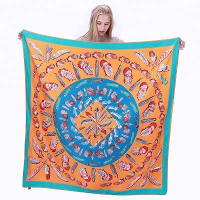 China Square scarf 130cm towel feather printing silk square scarf lady's hot imitation silk scarf twill square scarf for sale