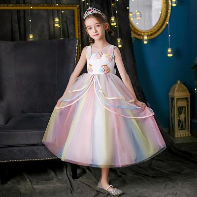 China Wholesale Unicorn Ruffles Girl Clothing Birthday Party Dress Tea Summer Lace Flower Girls Costume Q08 for sale