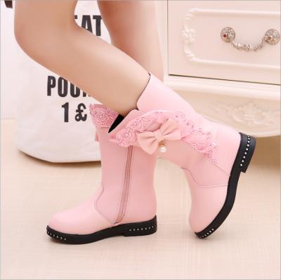 China S002 Factory Price Kids Bow-knot Winter Girls Boots Anti-slippery Warm Knee-high Birthday Party Leather Boots Bridesmaid Boots for sale