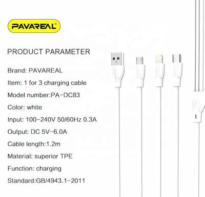 China 3in1 / Mini / Direct Charging / PAVAREAL DC-83 Portable Fast Charging Data Cable 1 to 3 Charging Cable for sale