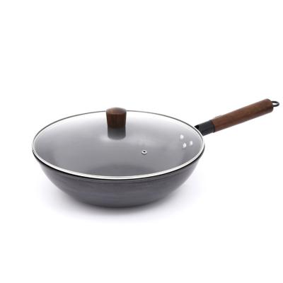 China Factory direct viable wooden handle iron pan non-stick wok frying wok pan for sale