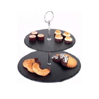 China Wholesale 2 Tier Stocked Slate Cake Stand Trays and Serving Ware Dessert Serving Dish Rack for Party Cafe Wedding for sale