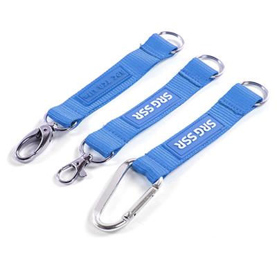 China Polyester Personalized Logo Polyester Short Strap Keychain Custom Lanyard Carabiner Hook Mini Lanyard with Woven Label for sale