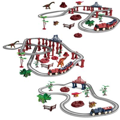 China Toy Battery Operated Assembly Dinosaur Building Block Railroad Model Slot Track Electric Game Railway Toys With Game Mat For Kids for sale