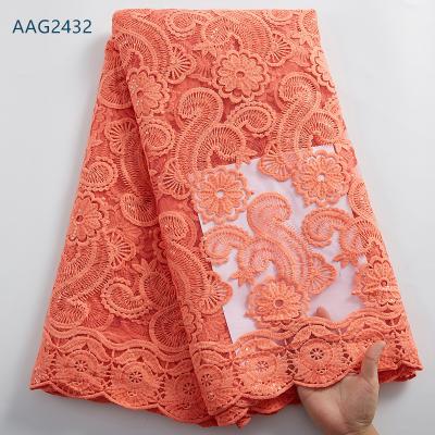 China Viable French Net Lace Fabric Haute Couture Red High Quality Tulle African Embroidered Lace Fabric For Evening Wedding Dress 2432 for sale