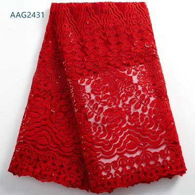 China Viable French Net Lace Fabric Haute Couture Red High Quality Tulle African Embroidered Lace Fabric For Evening Wedding Dress 2431 for sale