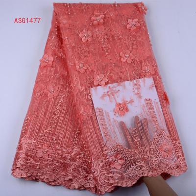 China 2019 Peach Embroidery Mesh Tulle Lace Fabric 3D Viable Flower Pattern Beaded African Lace Fabric Wholesale For Wedding Party for sale